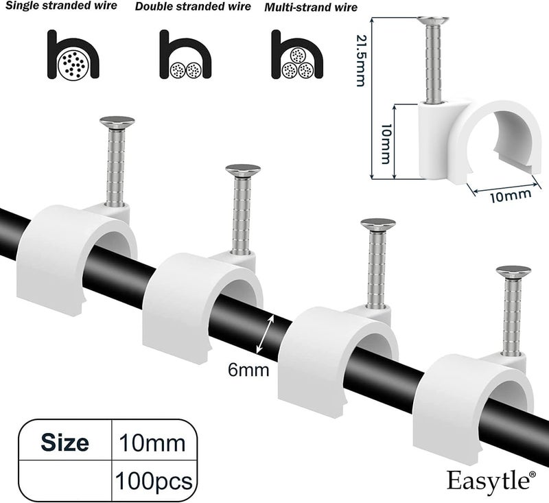 Easytle Cable Clips 10mm Nail in Cable Holder Clip 100 Pcs Wire Clips Speaker Tacks for Cords Coax Clamps Ethernet Cord Tacks RG6 RG59 CAT6 RJ45 Wall Wire Organizer - Image 3